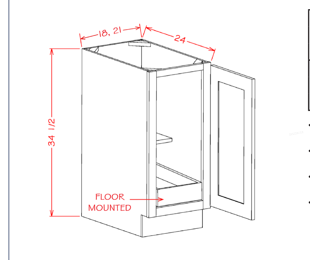 White Shaker Accessory Base Cabinets - Single Full Height Door One Rollout Shelf Base Kit — dimensional drawing