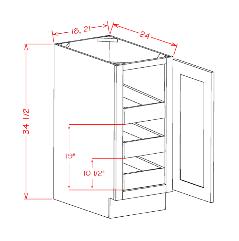 White Shaker Accessory Base Cabinets - Single Full Height Door Three Rollout Shelf Base Kit — dimensional drawing