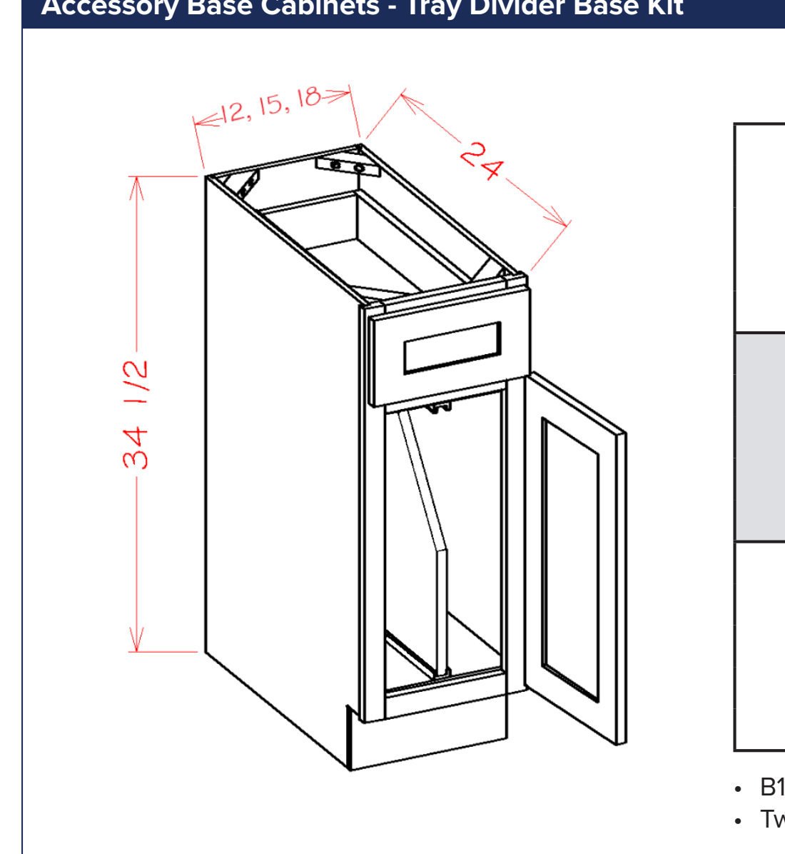White Shaker Accessory Base Cabinets - Tray Divider Base Kit — dimensional drawing