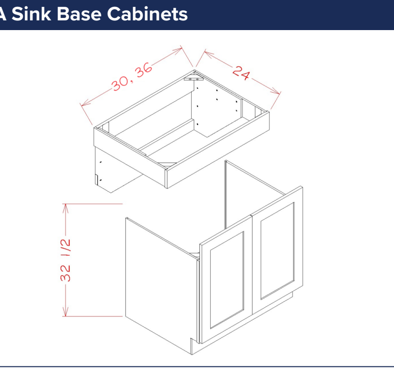 White Shaker ADA Sink Base Cabinets — dimensional drawing