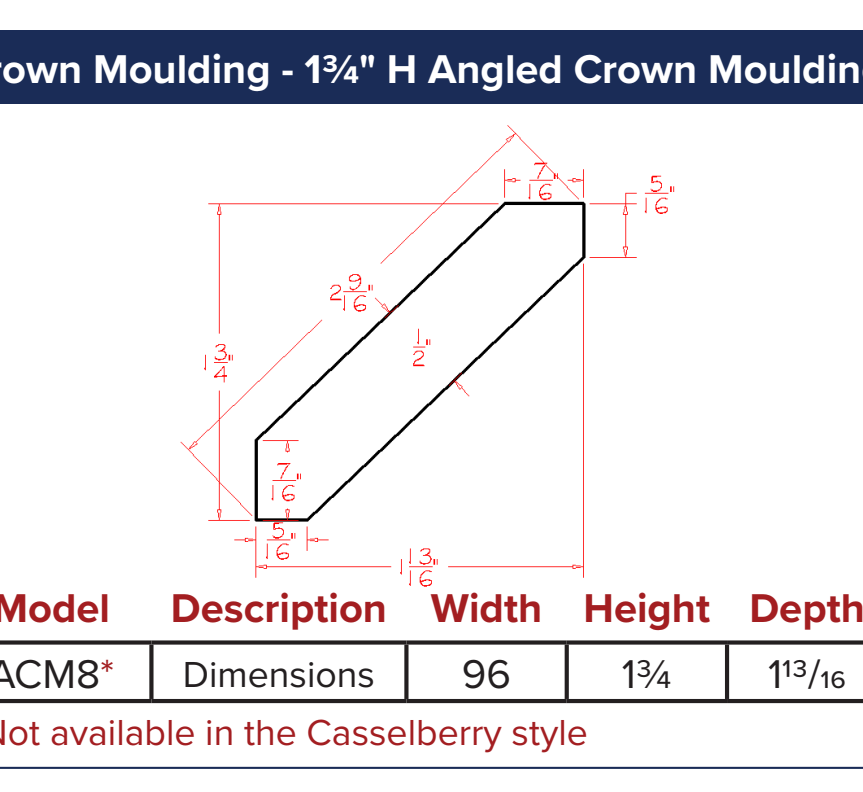 White Shaker Crown Moulding - 13/4" H Angled Crown Moulding — dimensional drawing