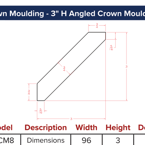 Crown Moulding - 3" H Angled Crown Moulding — dimensional drawing