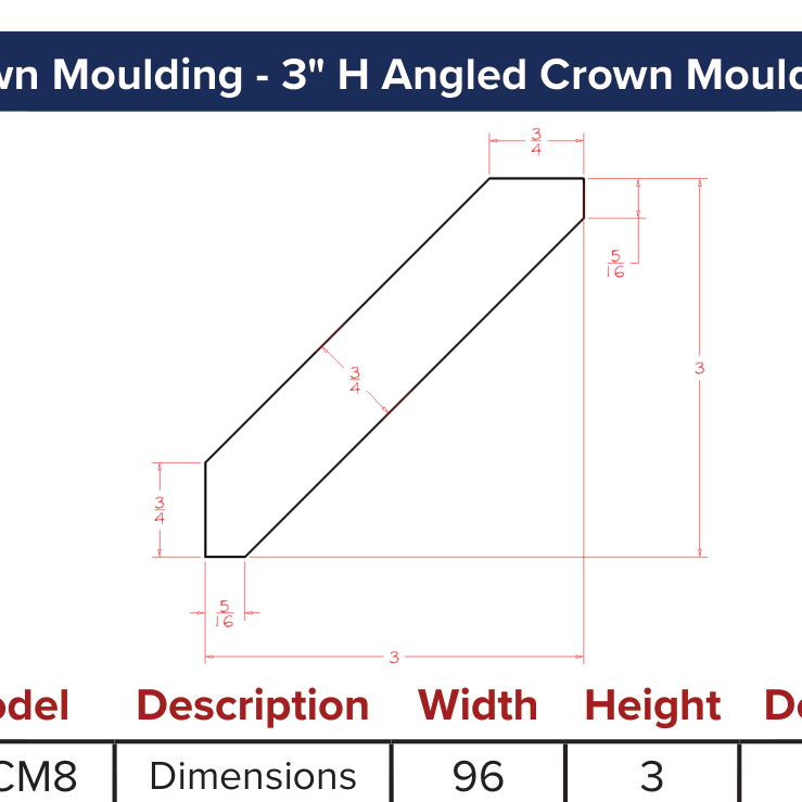 White Shaker Crown Moulding - 3" H Angled Crown Moulding — dimensional drawing