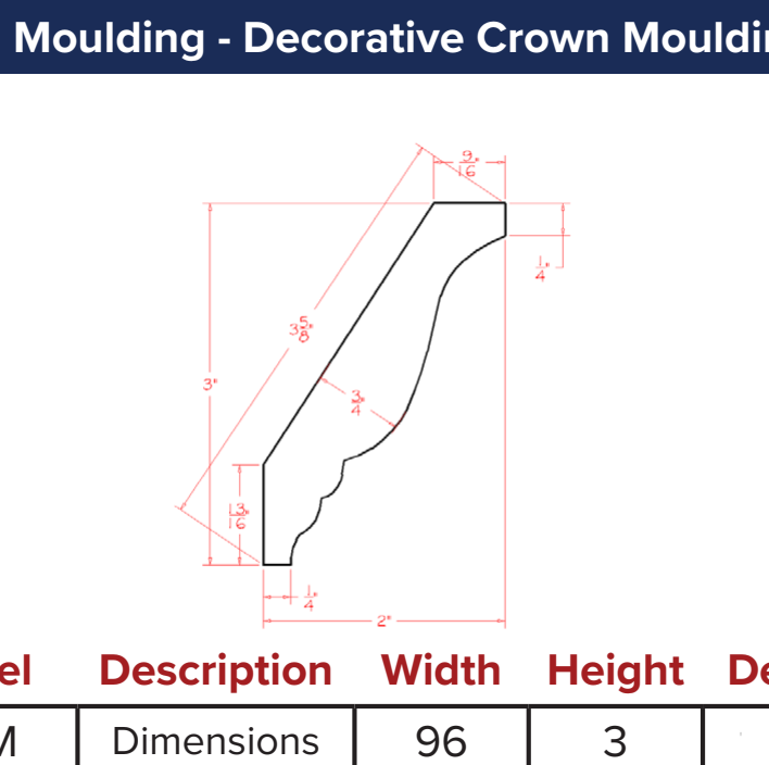 White Shaker Crown Moulding - Decorative Crown Moulding — dimensional drawing