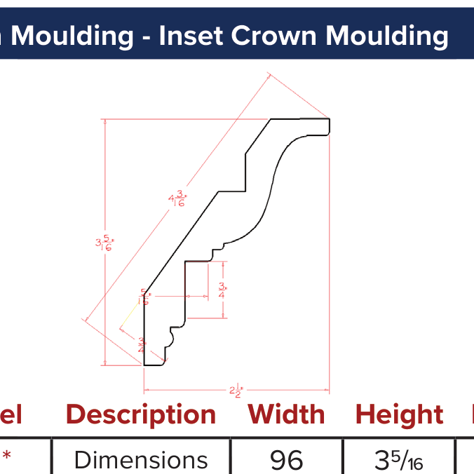 Oxford White Crown Moulding - Inset Crown Moulding — dimensional drawing