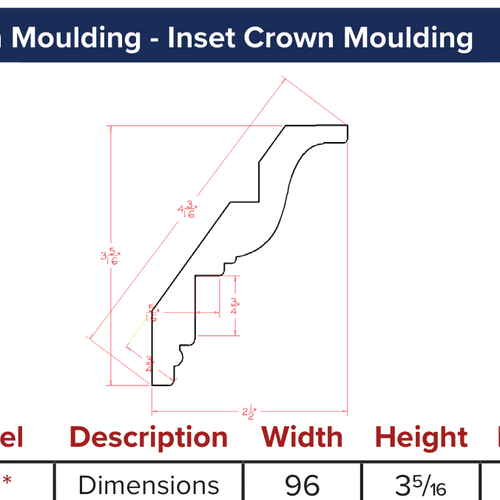 Oxford White Crown Moulding - Inset Crown Moulding — dimensional drawing