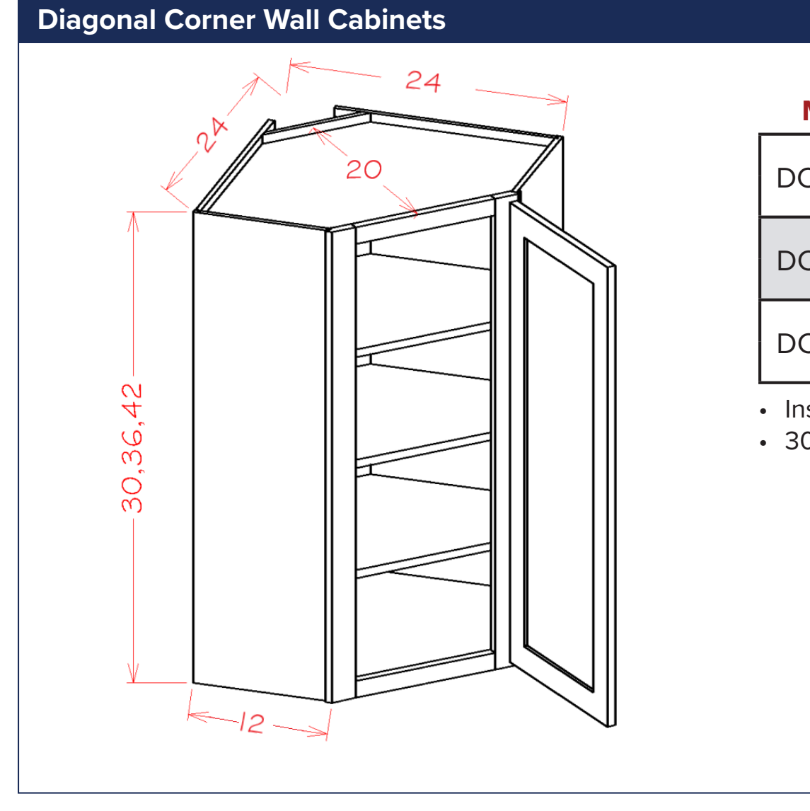 Diagonal Corner Wall Cabinets — dimensional drawing