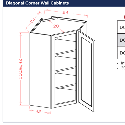 Diagonal Corner Wall Cabinets — dimensional drawing