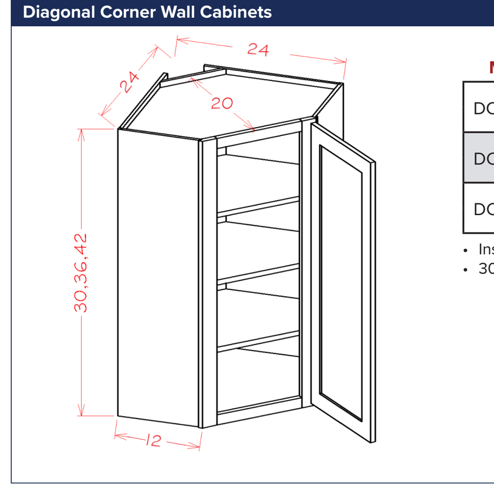 Diagonal Corner Wall Cabinets — dimensional drawing