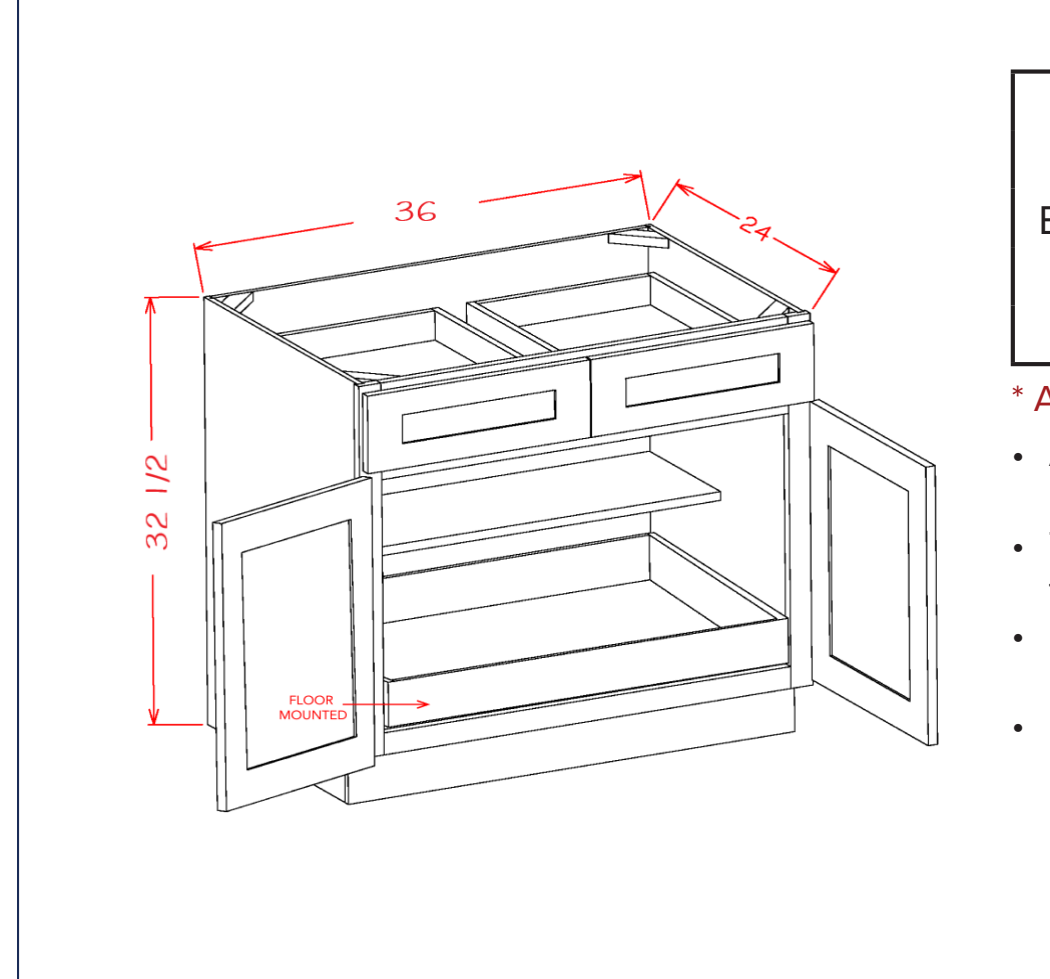 White Shaker Double Door Double Drawer One Rollout Shelf ADA Base Cabinet — dimensional drawing