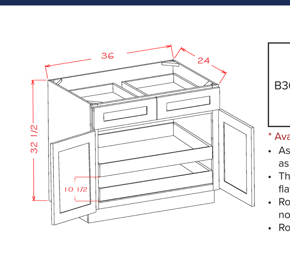 Double Door Double Drawer Two Rollout Shelf ADA Base Cabinet — dimensional drawing