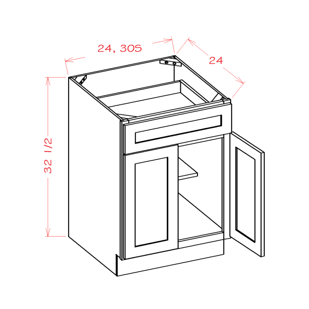 White Shaker Double Door Single Drawer ADA Base Cabinets — dimensional drawing