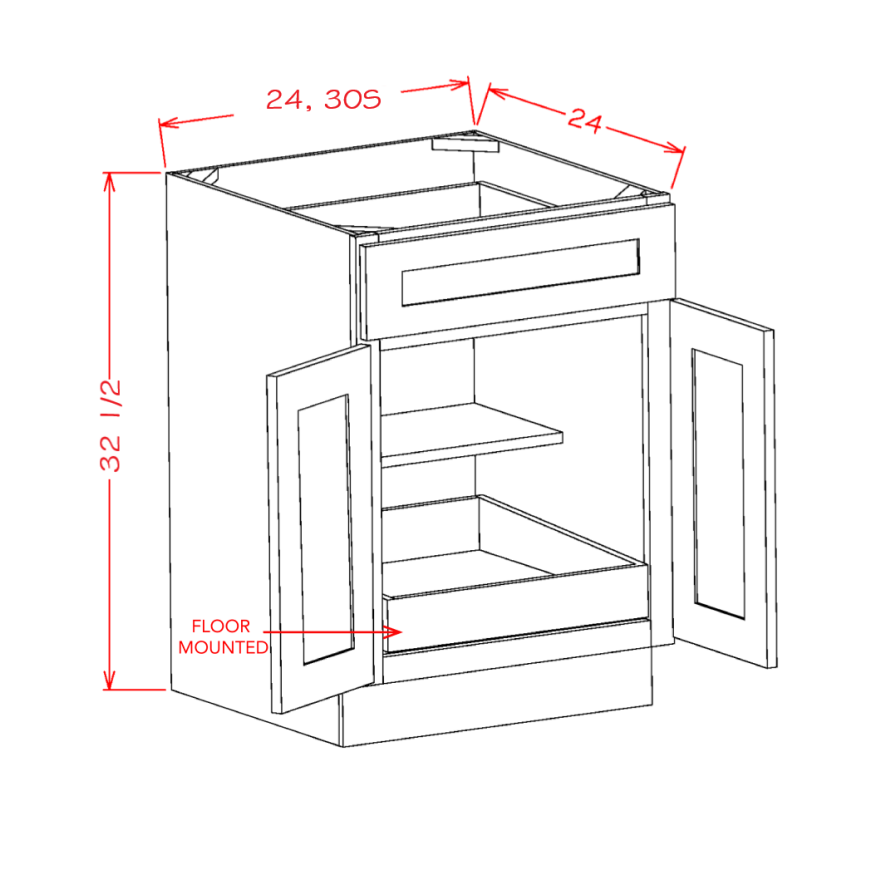 White Shaker Double Door Single Drawer One Rollout Shelf ADA Base Cabinets — dimensional drawing