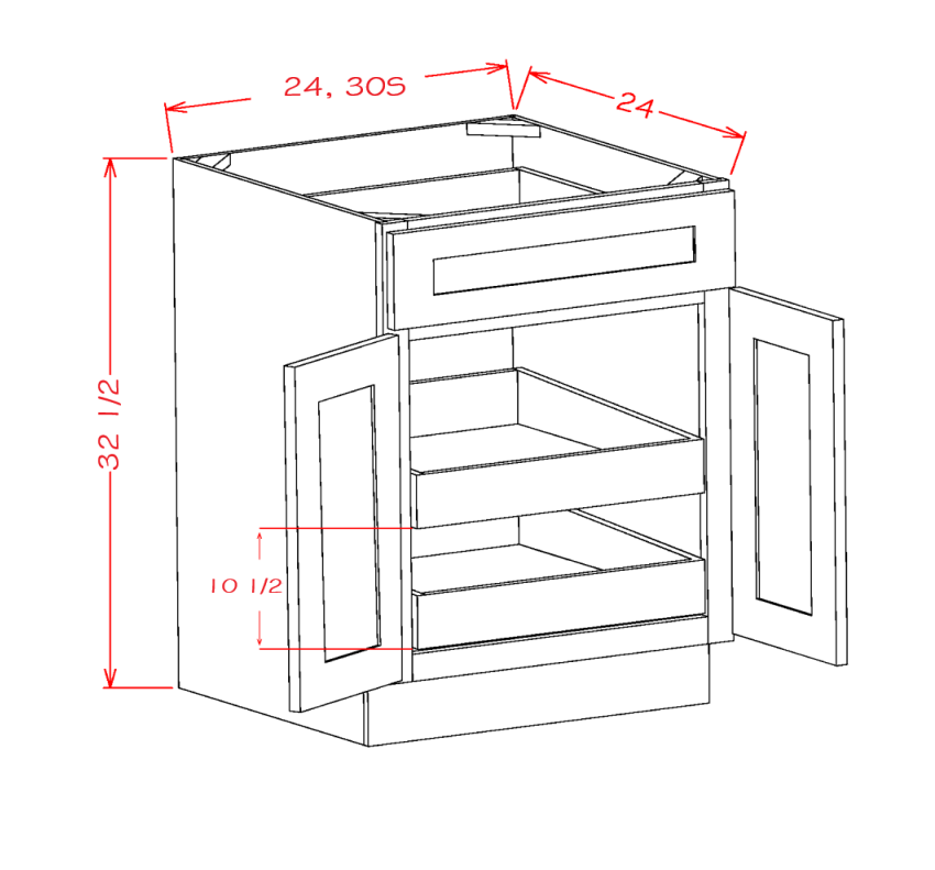 White Shaker Double Door Single Drawer Two Rollout Shelf ADA Base Cabinets — dimensional drawing