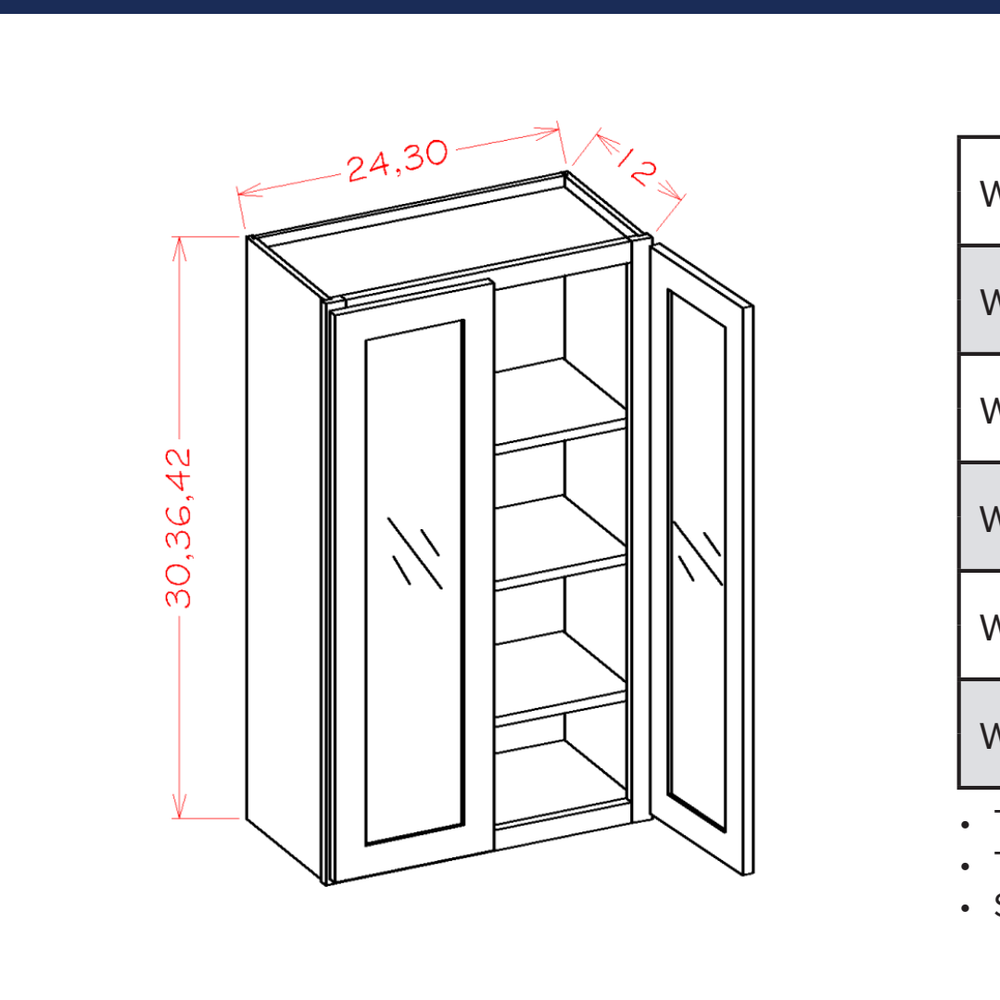 Double Glass Door Wall Cabinets - Routed for Glass with Finished Interior — dimensional drawing