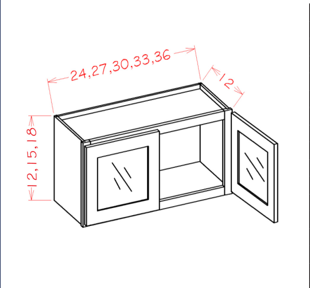 White Shaker Double Glass Door Wall Stacker Cabinets - Routed for Glass with Finished Interior — dimensional drawing