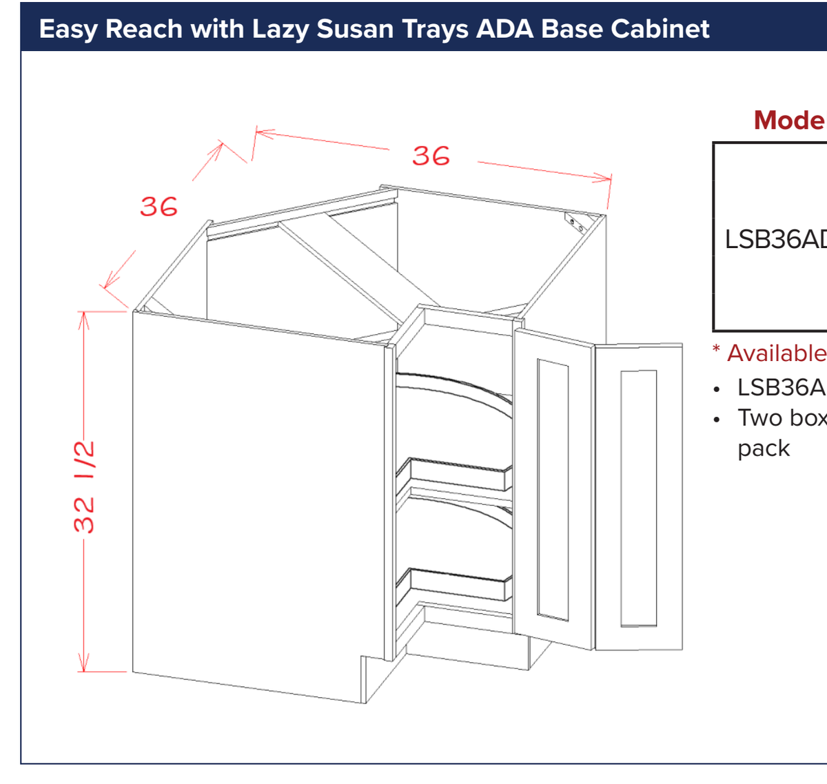 White Shaker Easy Reach with Lazy Susan Trays ADA Base Cabinet — dimensional drawing