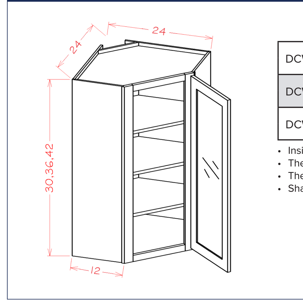 Glass Door Diagonal Corner Wall Cabinets - Routed for Glass with Finished Interior — dimensional drawing