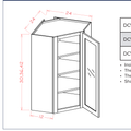 White Shaker Glass Door Diagonal Corner Wall Cabinets - Routed for Glass with Finished Interior — dimensional drawing