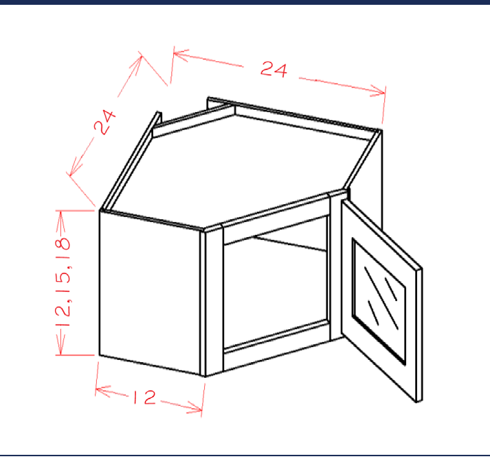 White Shaker Glass Door Diagonal Wall Stacker Cabinets - Routed for Glass with Finished Interior — dimensional drawing