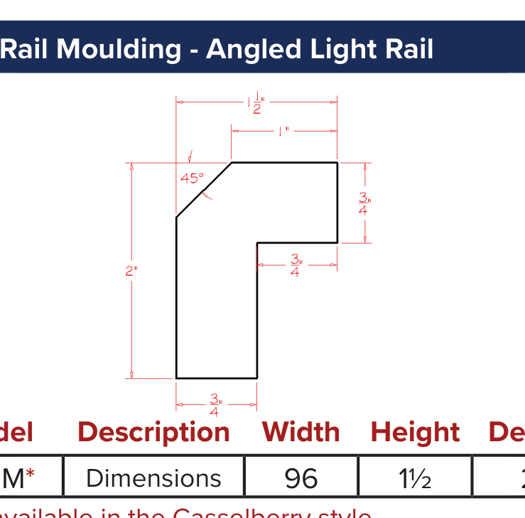 White Shaker Light Rail Moulding - Angled Light Rail — dimensional drawing