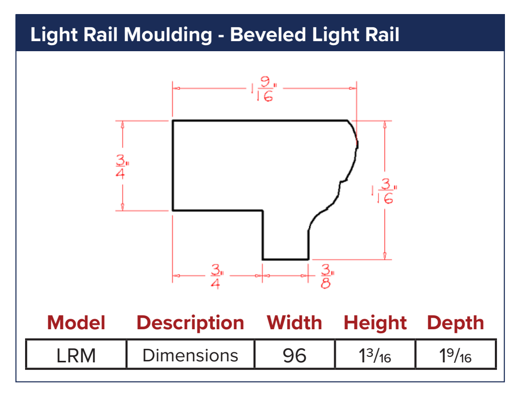 Light Rail Moulding - Beveled Light Rail — dimensional drawing