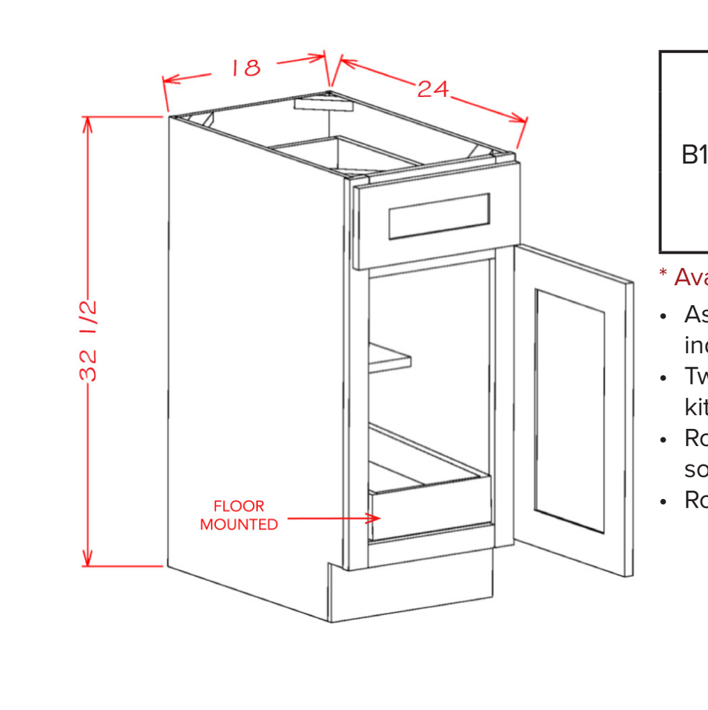 Single Door Single Drawer One Rollout Shelf ADA Base Cabinet — dimensional drawing