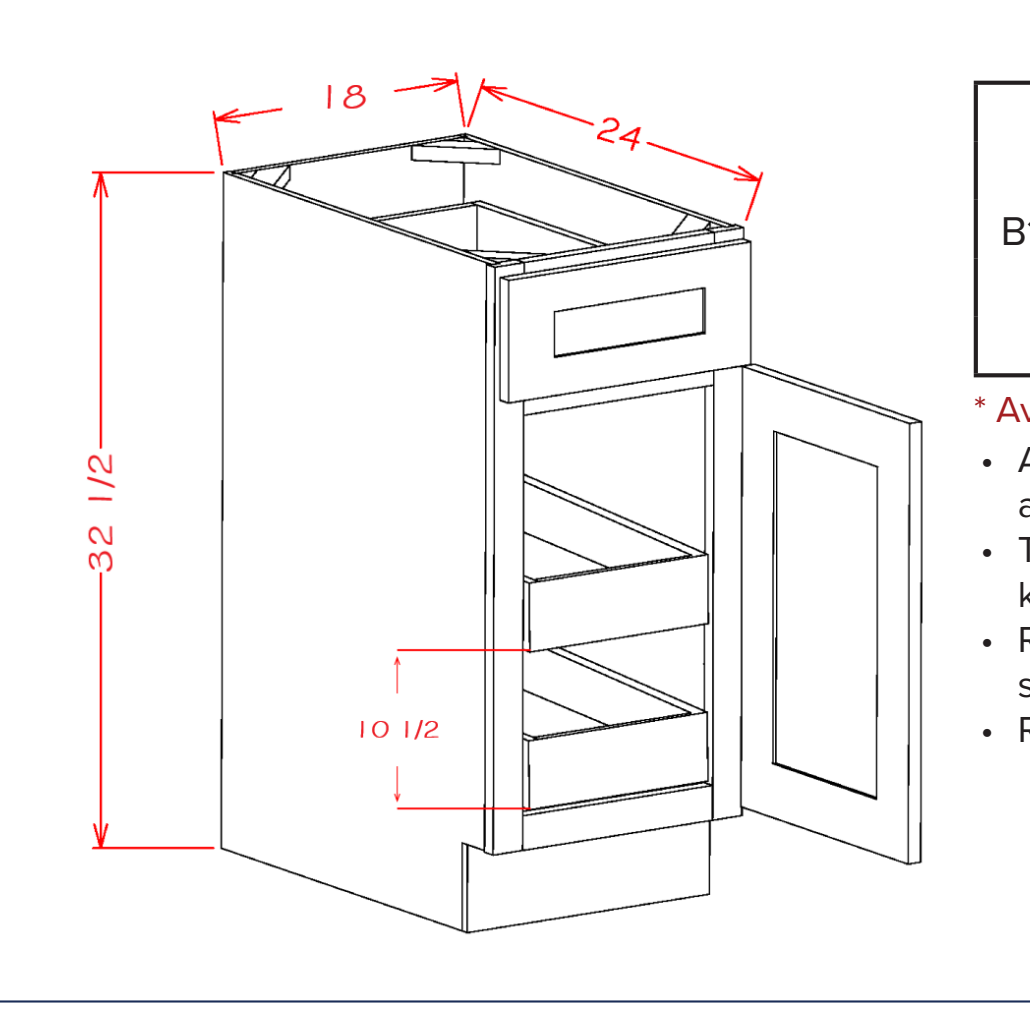 White Shaker Single Door Single Drawer Two Rollout Shelf ADA Base Cabinet — dimensional drawing