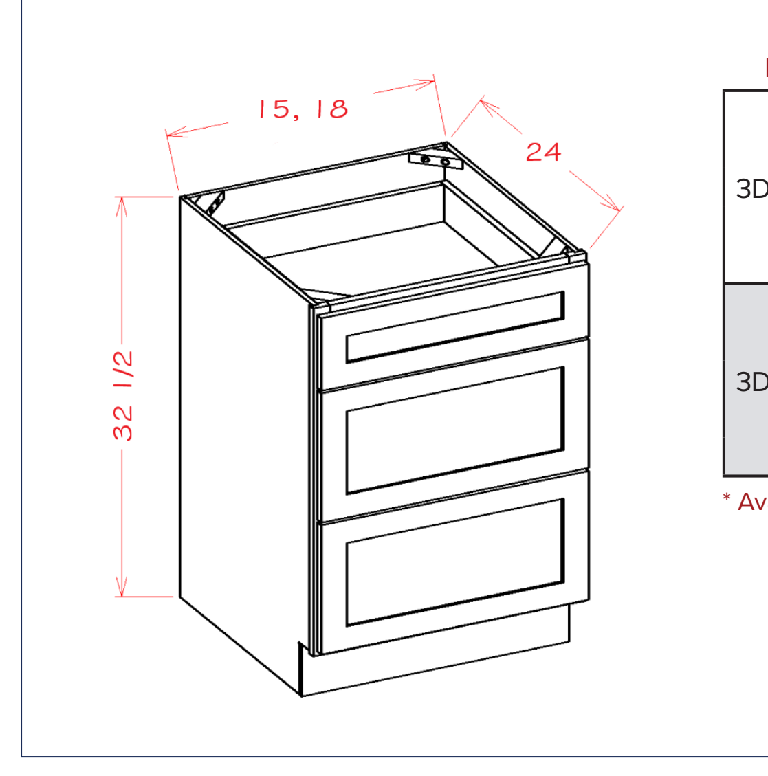 White Shaker Three Drawer ADA Base Cabinets — dimensional drawing
