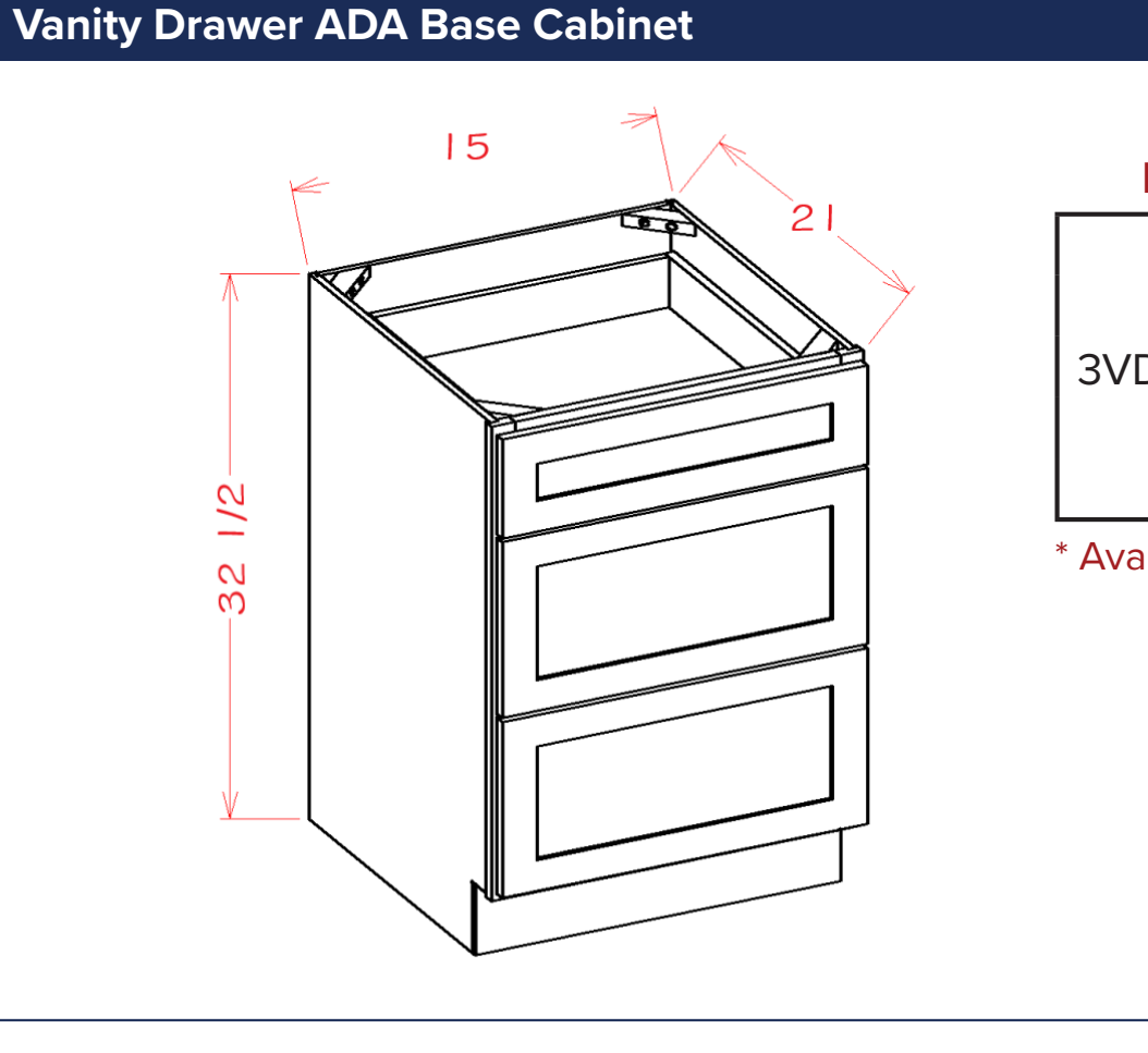White Shaker Vanity Drawer ADA Base Cabinet — dimensional drawing