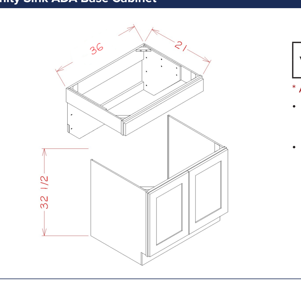 White Shaker Vanity Sink ADA Base Cabinet — dimensional drawing