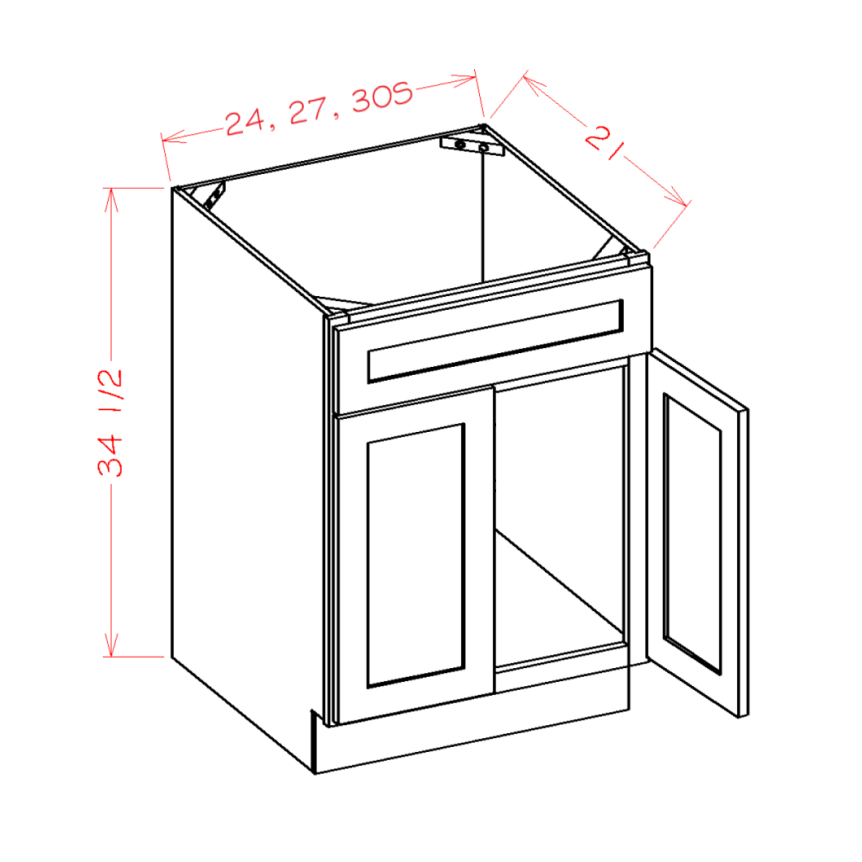Vanity Sink Bases - Double Door Single False Drawer Front — dimensional drawing