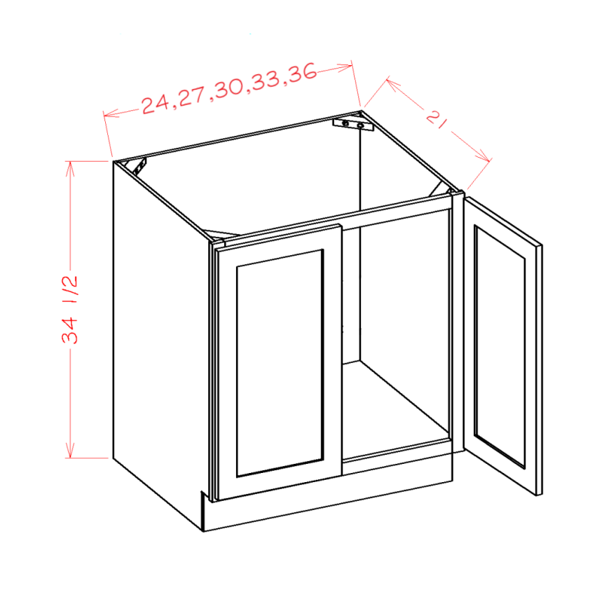 White Shaker Vanity Sink Bases - Full Height Double Door — dimensional drawing